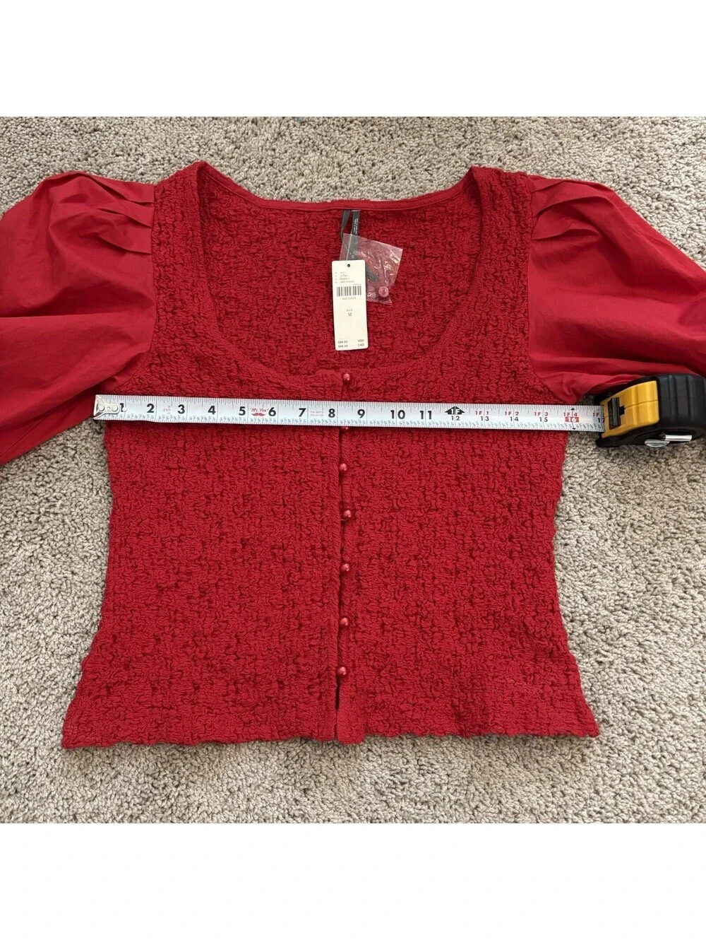 NWT By Anthropologie Smocked Blouse Cherry Red Womens Size Medium Preppy Buttons